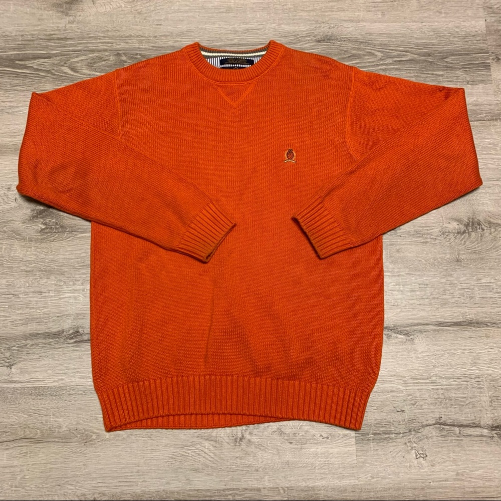 Tommy Hilfiger Sweater Crewneck Knit Pullover Mens Medium Orange Crest Logo